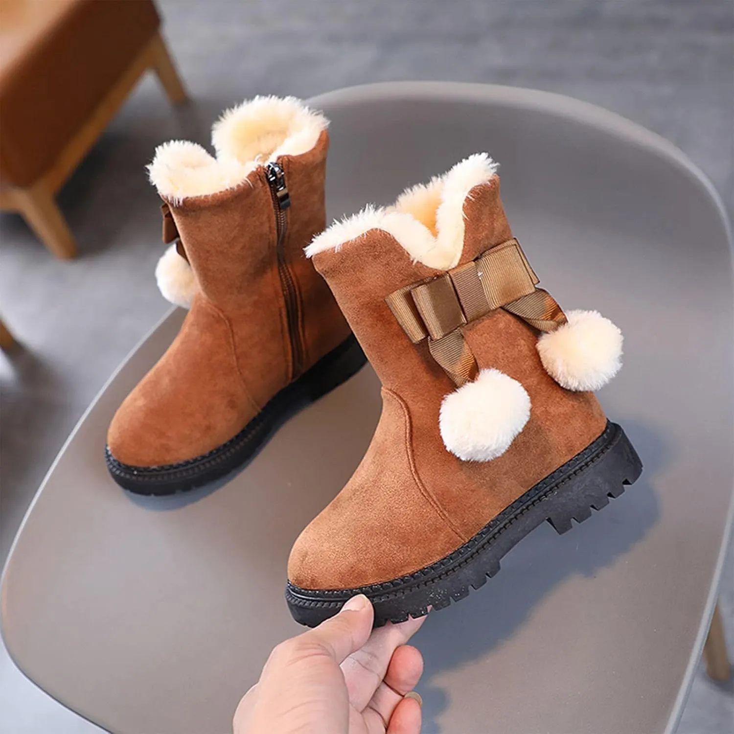 Girls Flecce Lined Mid Calf Boots Kids Boys Winter Snow Suede Faux Fr Lined Fuzzy Boots for Little Kid Big Kid