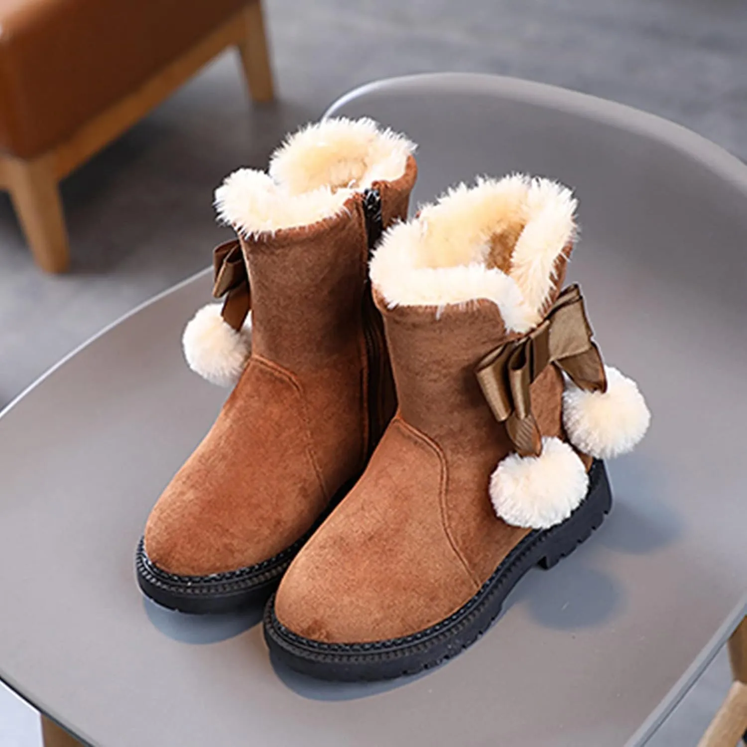 Girls Flecce Lined Mid Calf Boots Kids Boys Winter Snow Suede Faux Fr Lined Fuzzy Boots for Little Kid Big Kid