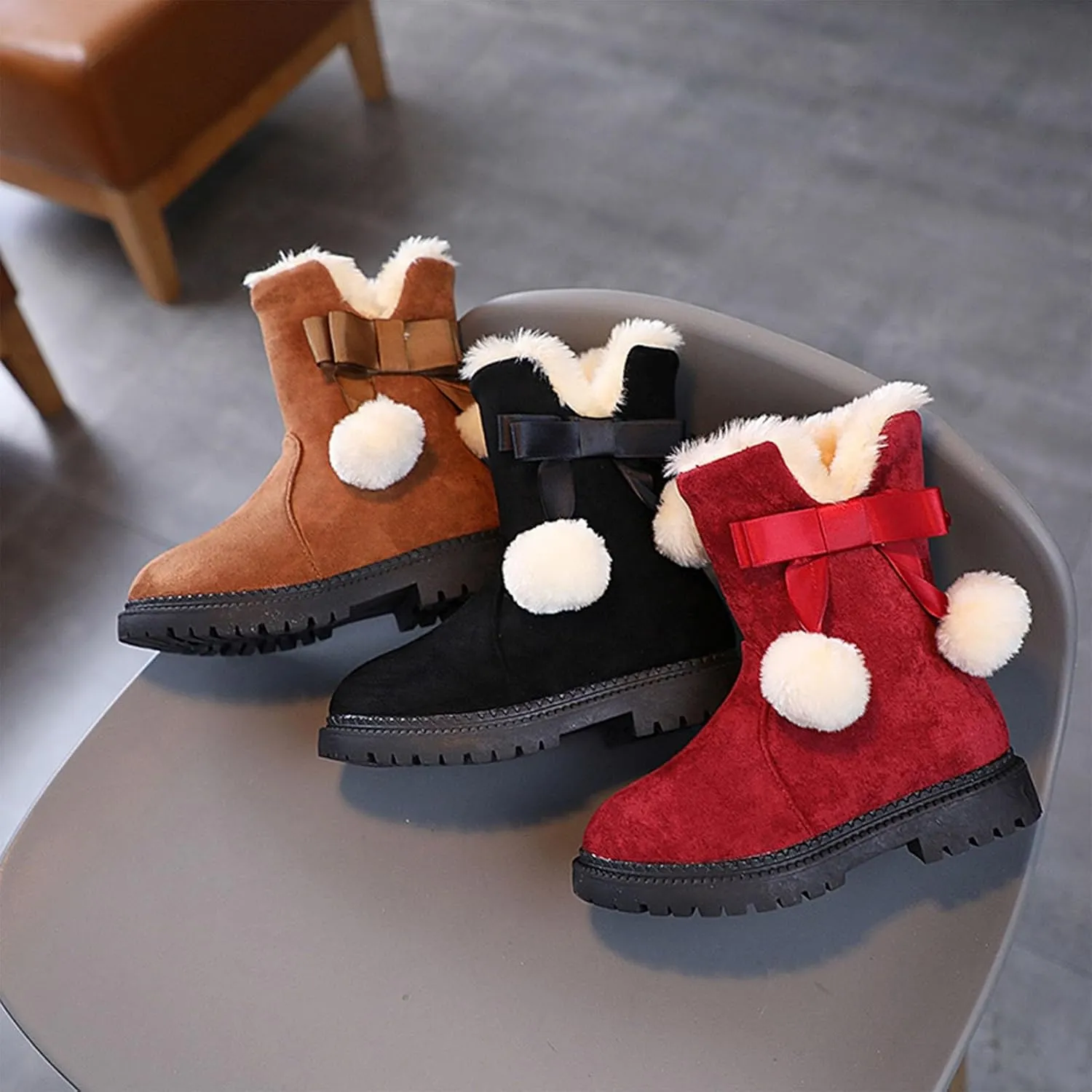 Girls Flecce Lined Mid Calf Boots Kids Boys Winter Snow Suede Faux Fr Lined Fuzzy Boots for Little Kid Big Kid