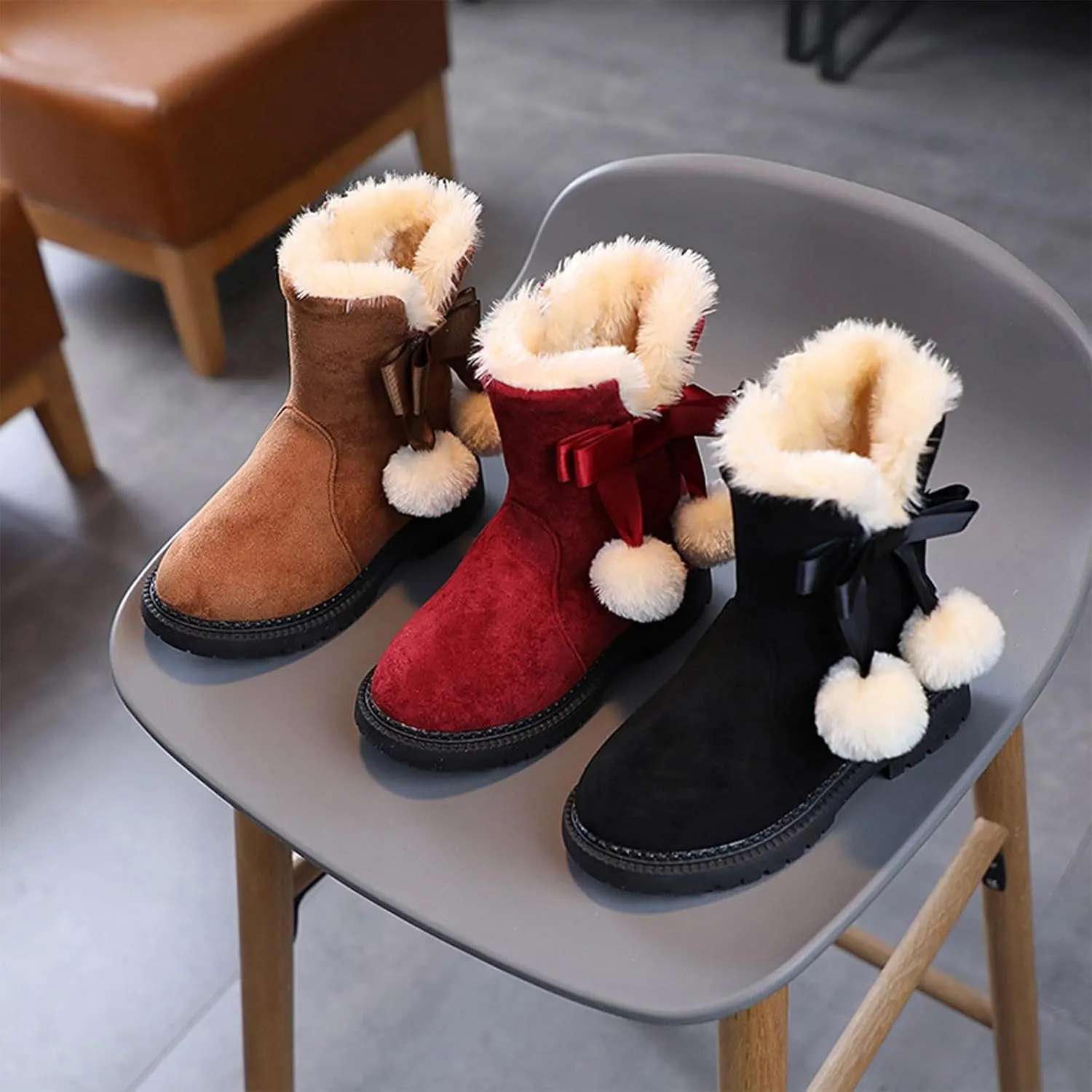 Girls Flecce Lined Mid Calf Boots Kids Boys Winter Snow Suede Faux Fr Lined Fuzzy Boots for Little Kid Big Kid