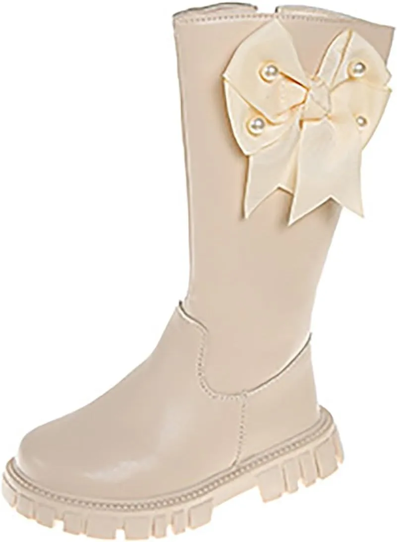 Girls Kids Bow Leather Boots Mid Length Side Zipper aterproof Shoes Outdoor Dress Dance Non Slip Boots Soft Comfy