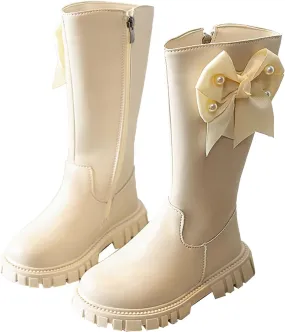 Girls Kids Bow Leather Boots Mid Length Side Zipper aterproof Shoes Outdoor Dress Dance Non Slip Boots Soft Comfy