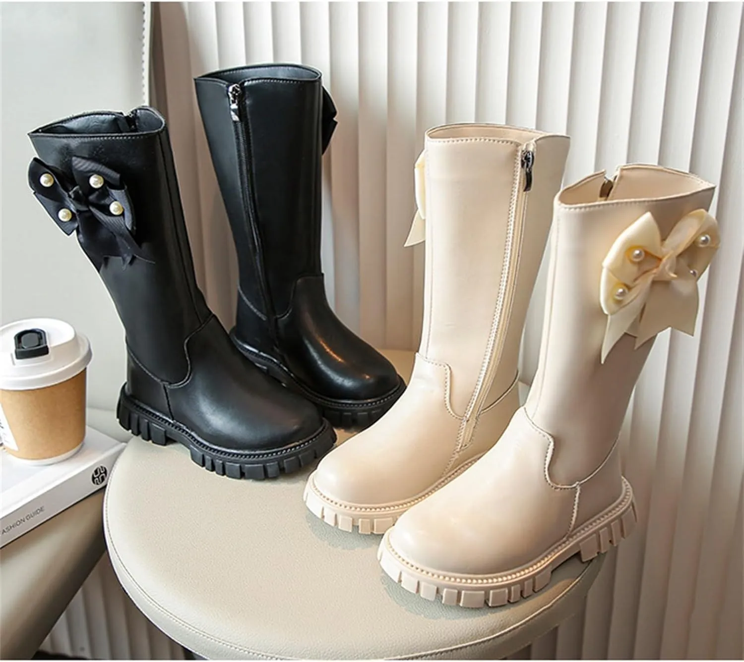 Girls Kids Bow Leather Boots Mid Length Side Zipper aterproof Shoes Outdoor Dress Dance Non Slip Boots Soft Comfy