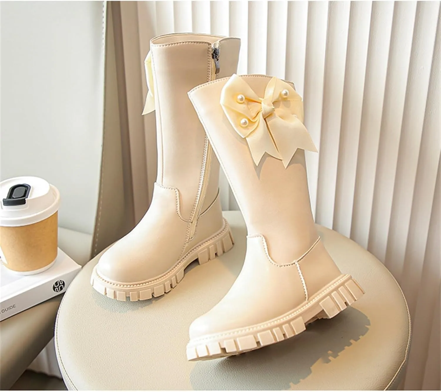 Girls Kids Bow Leather Boots Mid Length Side Zipper aterproof Shoes Outdoor Dress Dance Non Slip Boots Soft Comfy