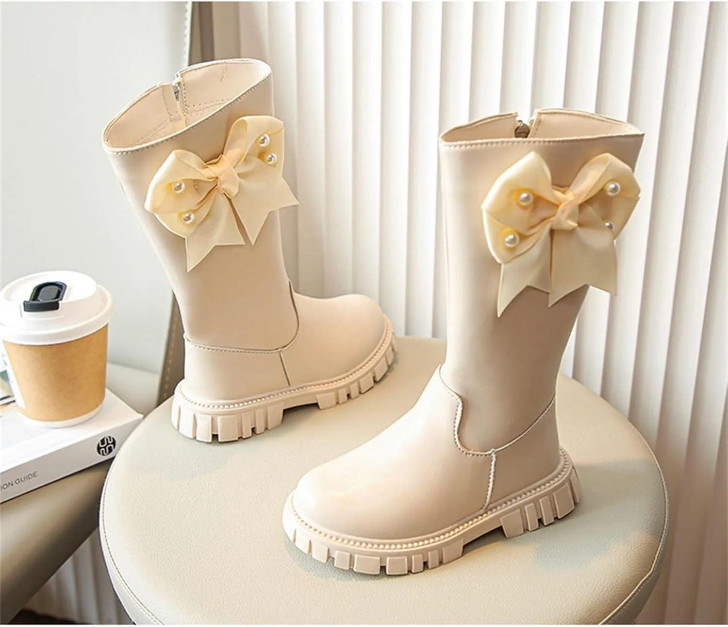 Girls Kids Bow Leather Boots Mid Length Side Zipper aterproof Shoes Outdoor Dress Dance Non Slip Boots Soft Comfy