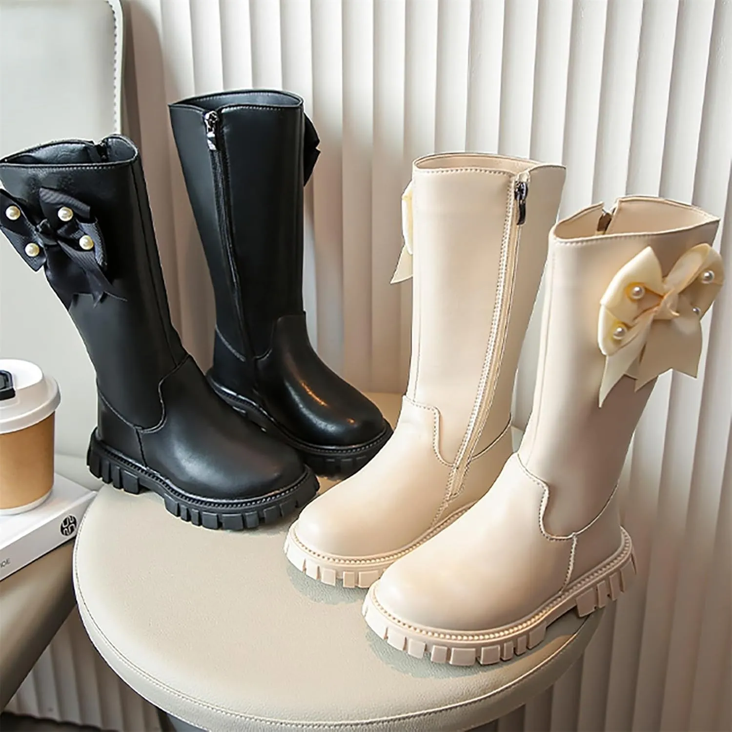 Girls Kids Bow Leather Boots Mid Length Side Zipper aterproof Shoes Outdoor Dress Dance Non Slip Boots Soft Comfy