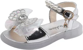 Girls Kids Dress Sandals Bow Beaded Buckle Adjusted Hook Loop Shoes Baby Girl Dance Barefoot Rubber Shoes Fashion Cute