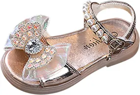 Girls Kids Dress Sandals Bow Beaded Buckle Adjusted Hook Loop Shoes Baby Girl Dance Barefoot Rubber Shoes Fashion Cute