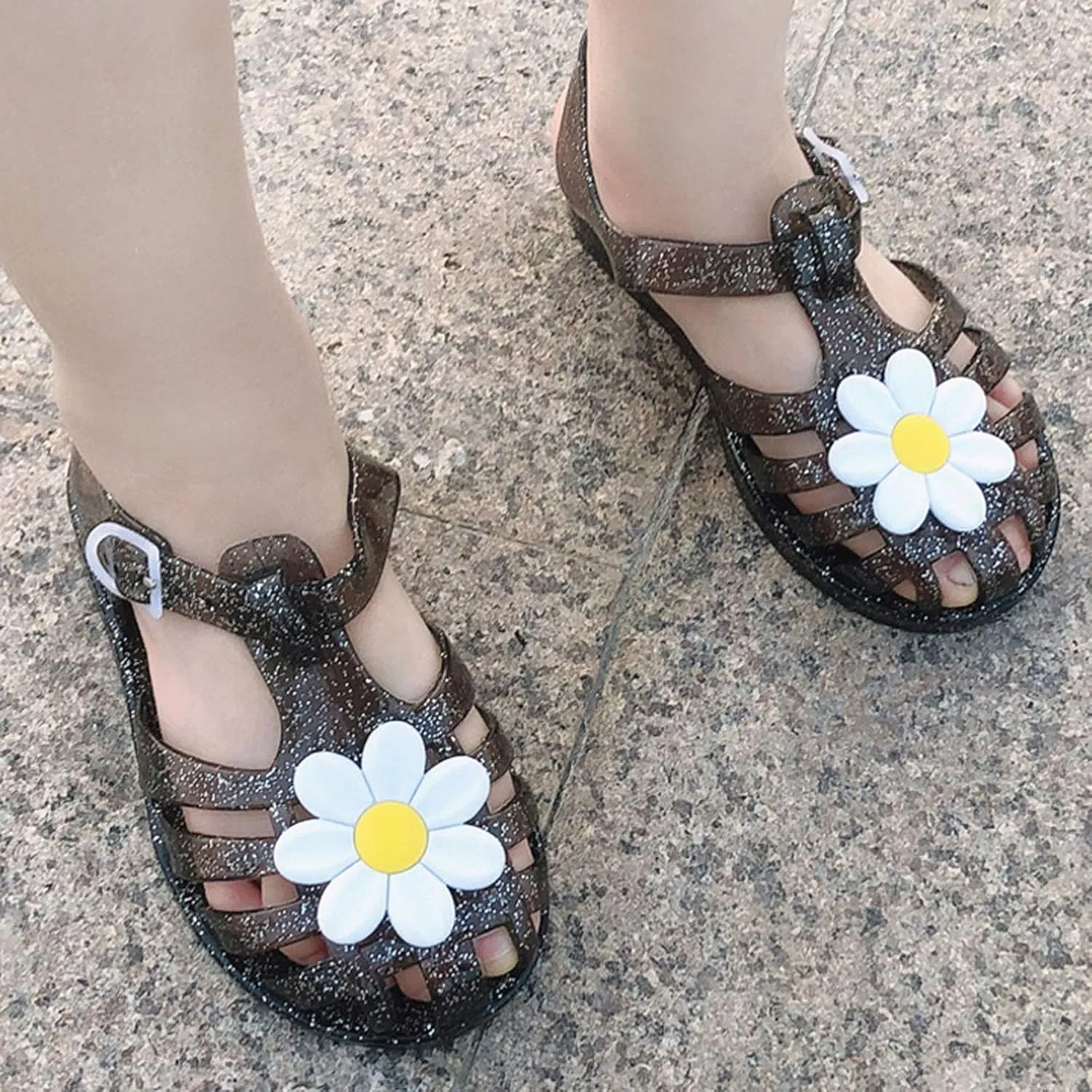 Girls Kids Jelly Soft Sandals Flower Pep Toe Adjusted Strap Summer Water Shoes Baby Toddler Shower Funny Sandals