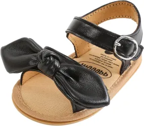 Girls Kids Open Toe Sandals Bow Leather Adjusted Buckle Strap Barefoot Shoes Baby Childrens Flat Wide Shoes Light Comfy