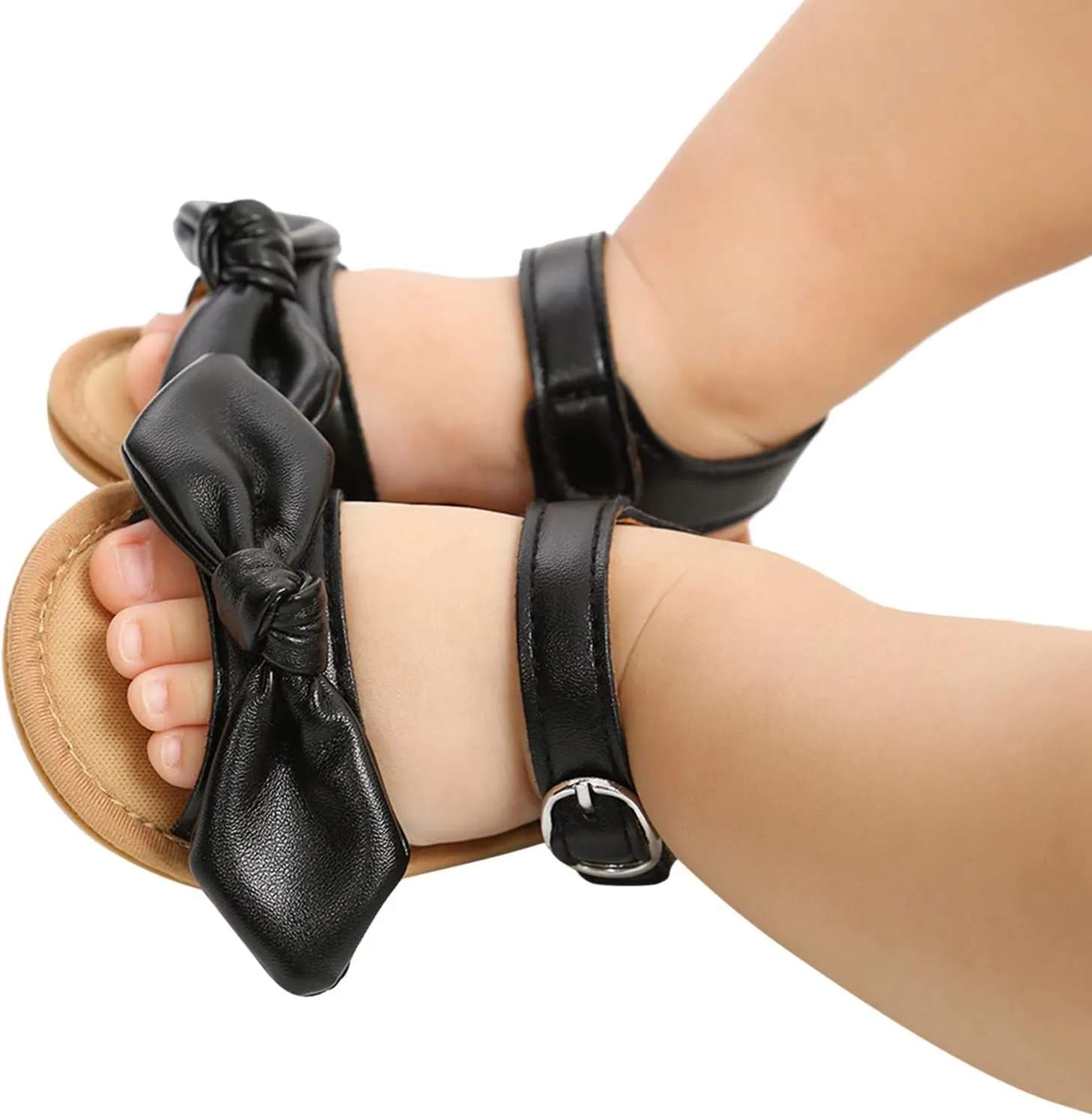 Girls Kids Open Toe Sandals Bow Leather Adjusted Buckle Strap Barefoot Shoes Baby Childrens Flat Wide Shoes Light Comfy