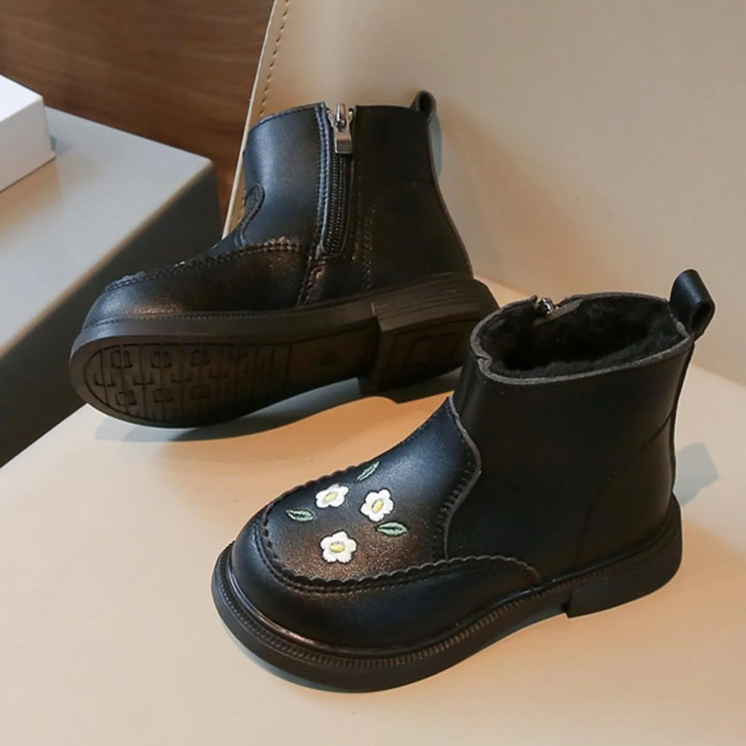 Girls Kids Side Zipper Faux Fr Ankle Boots Girls Fashion Boots For Girls Girls Low Heel Side Zipper Ankle Booties