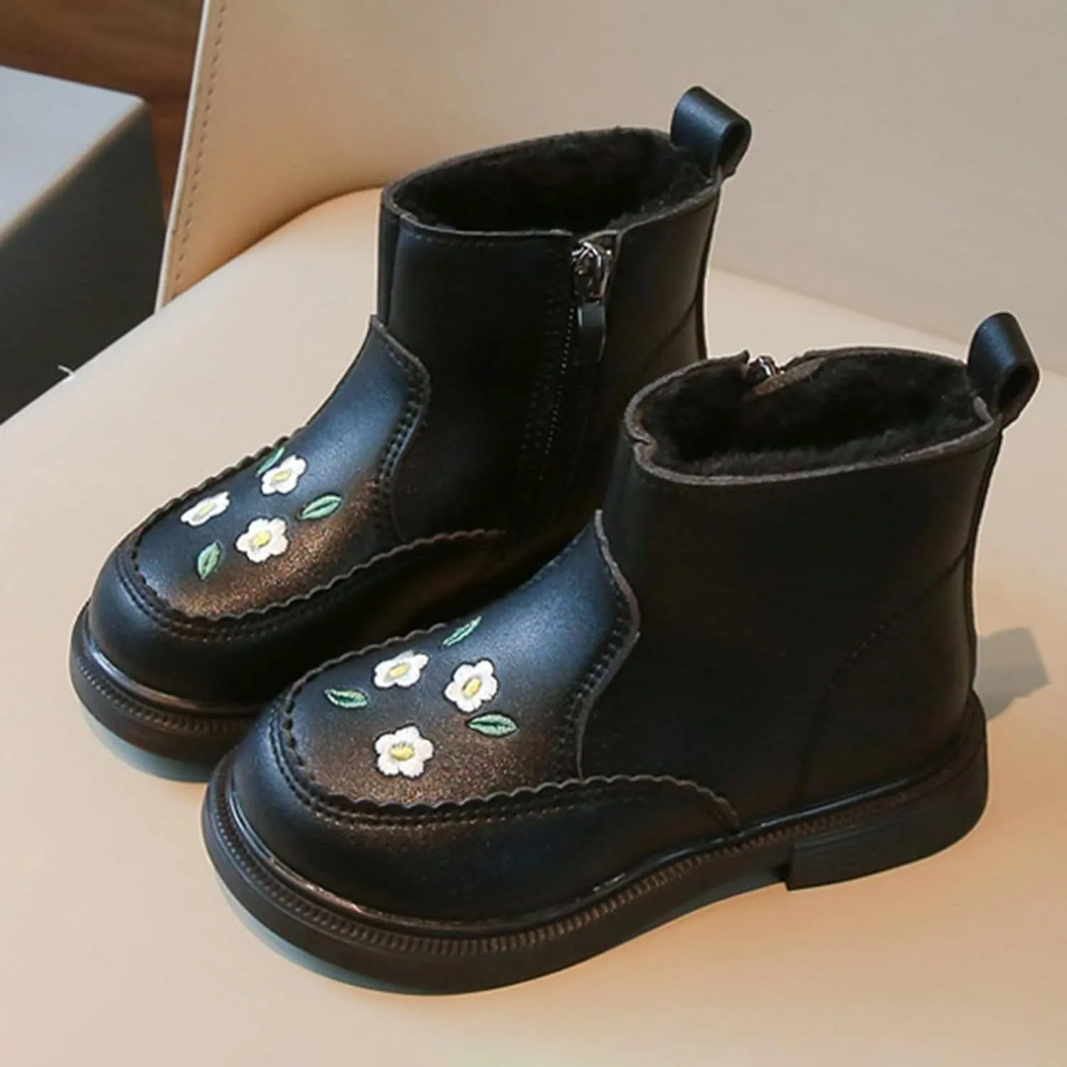 Girls Kids Side Zipper Faux Fr Ankle Boots Girls Fashion Boots For Girls Girls Low Heel Side Zipper Ankle Booties