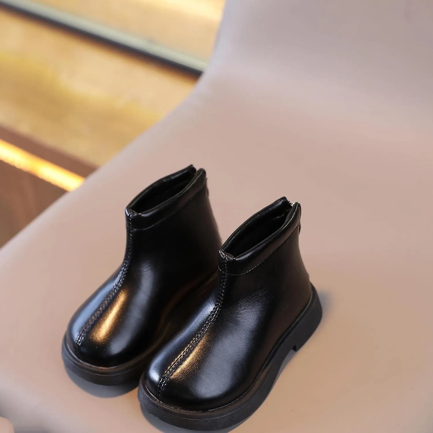 Girls Leather Ankle Boots Kids Round Toe Low Heel Slip On Cute Fashion Zipper Dress Booties Warm Snow Boots (Black, 2.5-3 Years)