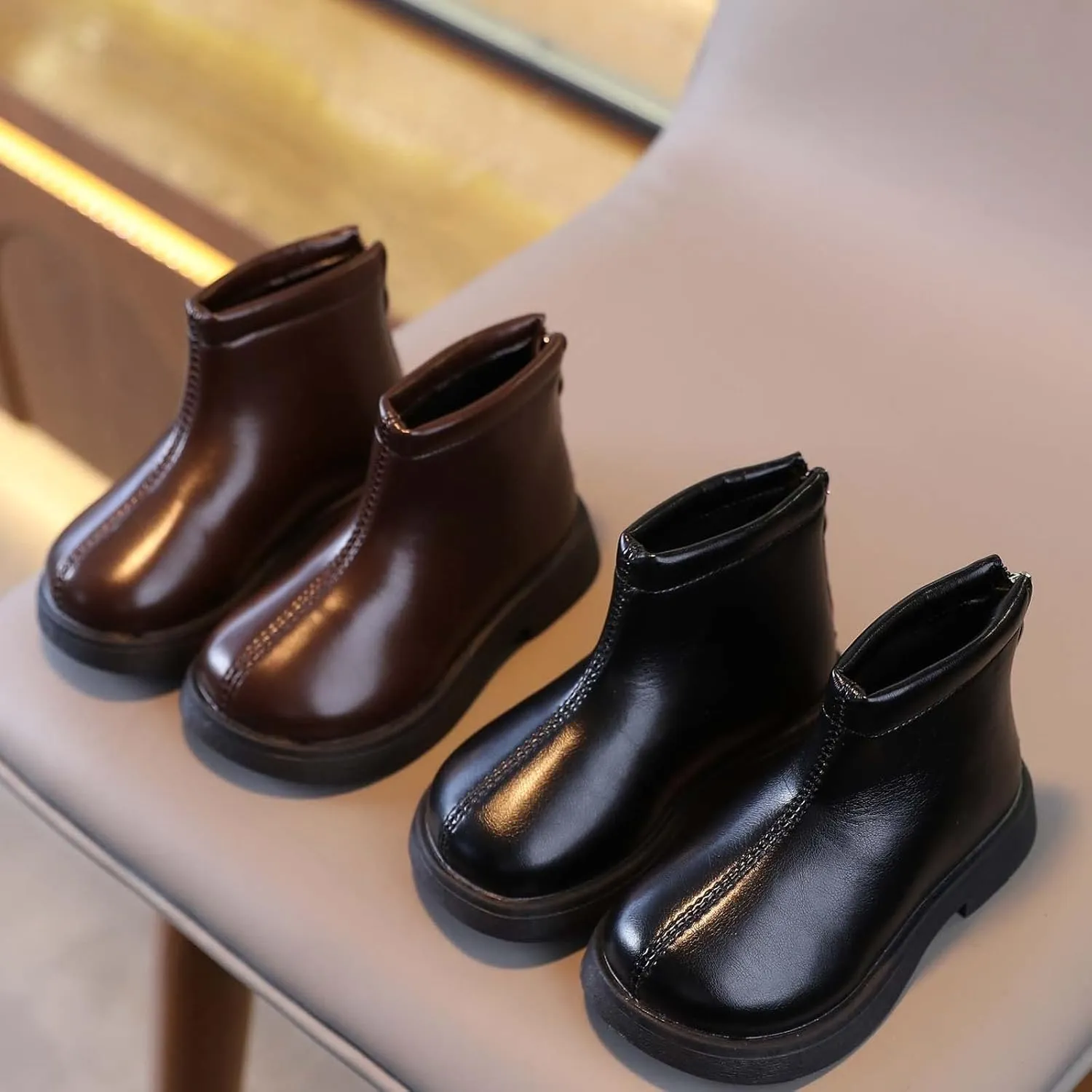 Girls Leather Ankle Boots Kids Round Toe Low Heel Slip On Cute Fashion Zipper Dress Booties Warm Snow Boots (Black, 2.5-3 Years)