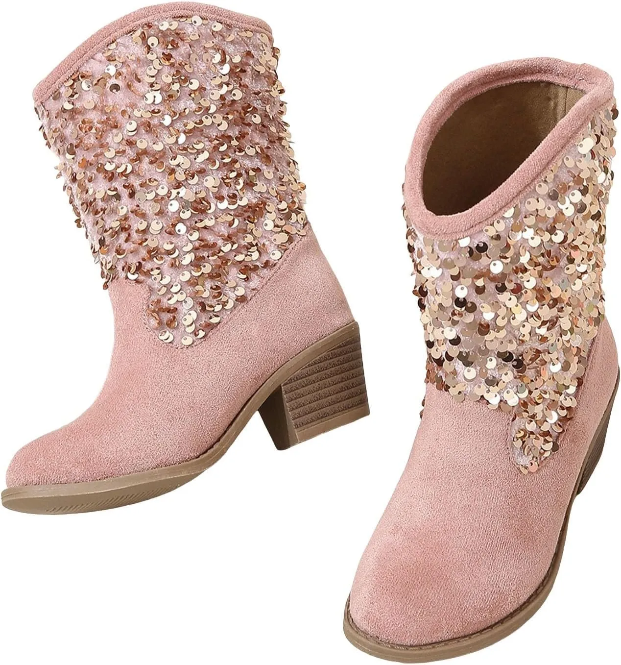 Girls Mid Calf Boots Kids Fashion Tassel Sequin Princess Boots High Heel Fall Boots Slip On Cowgirl Western Boots