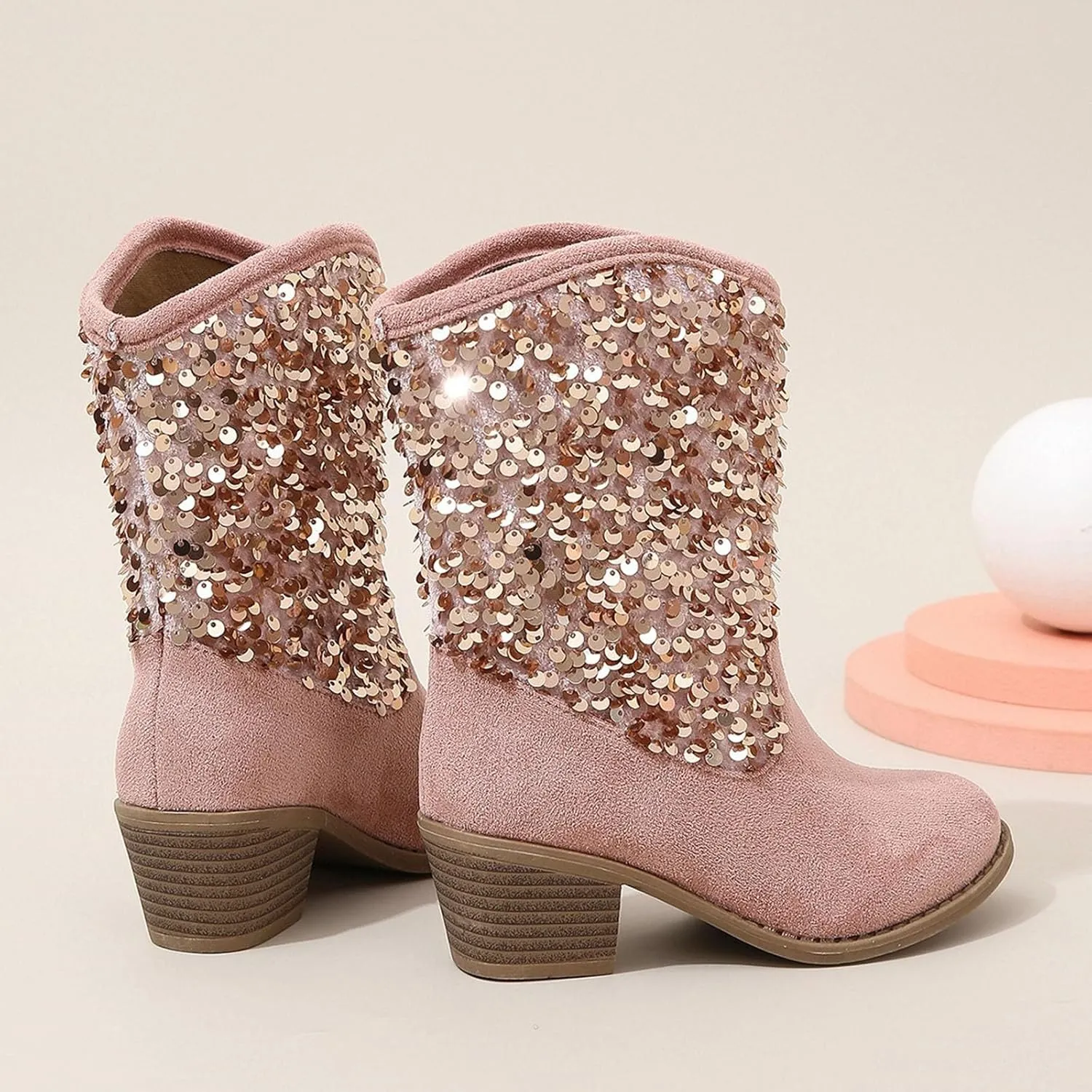 Girls Mid Calf Boots Kids Fashion Tassel Sequin Princess Boots High Heel Fall Boots Slip On Cowgirl Western Boots