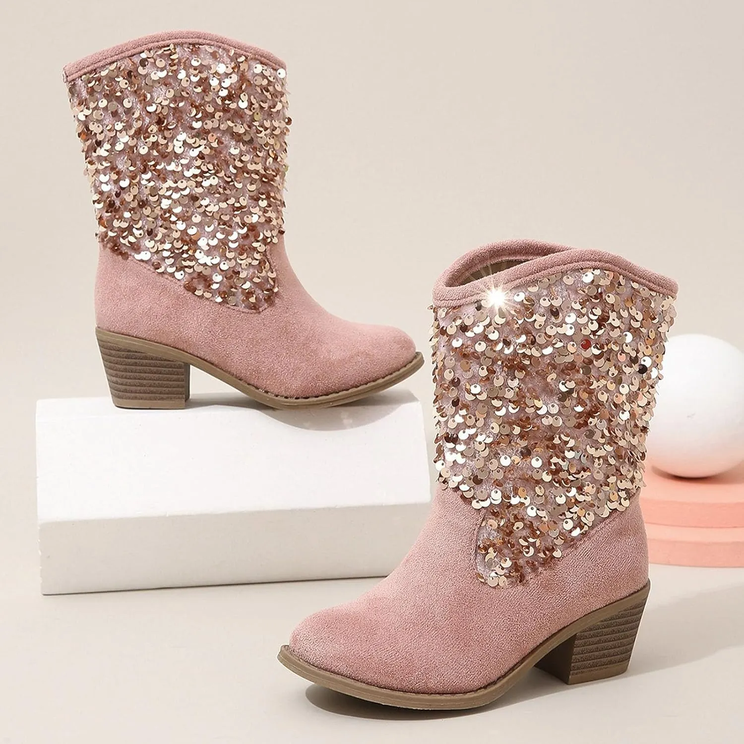 Girls Mid Calf Boots Kids Fashion Tassel Sequin Princess Boots High Heel Fall Boots Slip On Cowgirl Western Boots