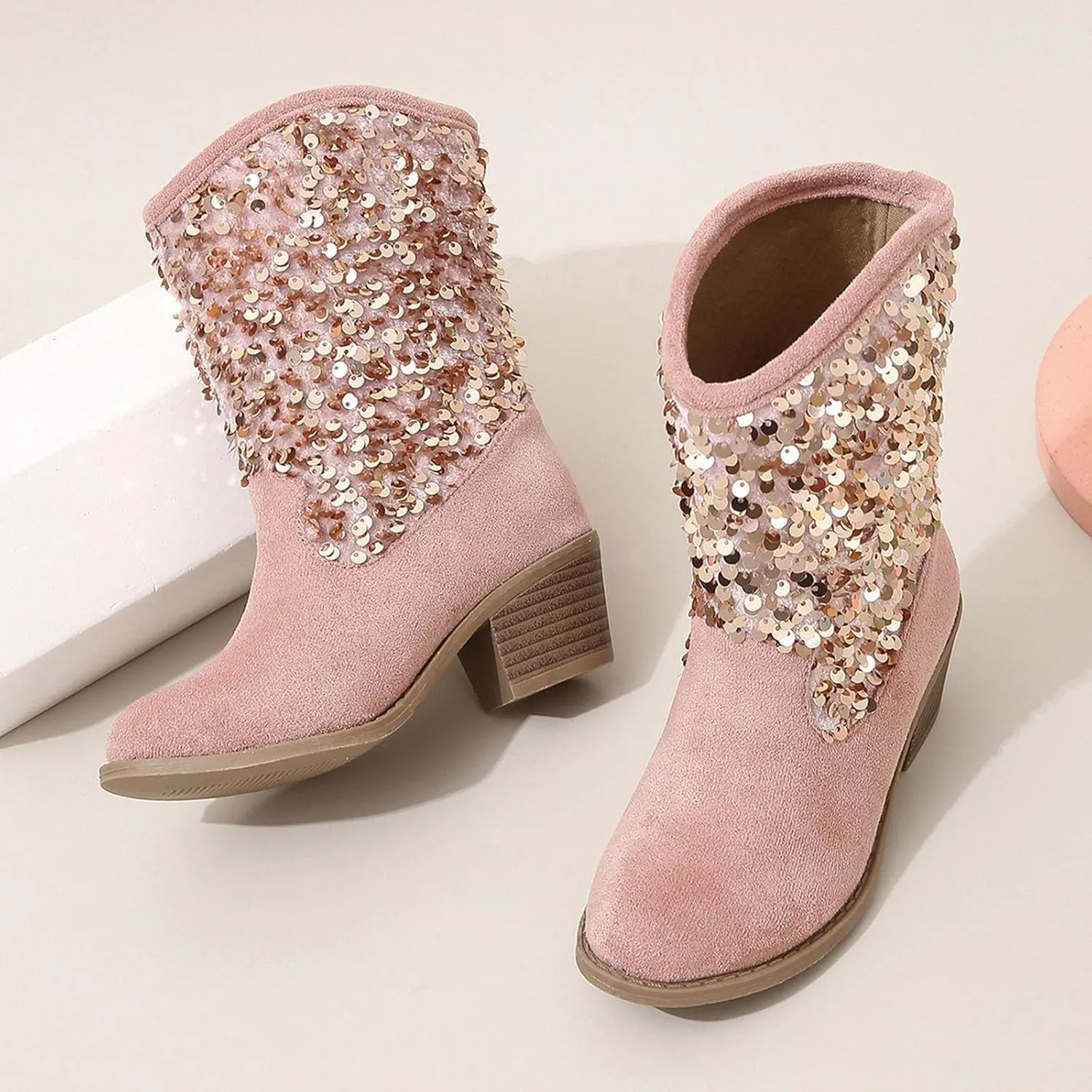 Girls Mid Calf Boots Kids Fashion Tassel Sequin Princess Boots High Heel Fall Boots Slip On Cowgirl Western Boots