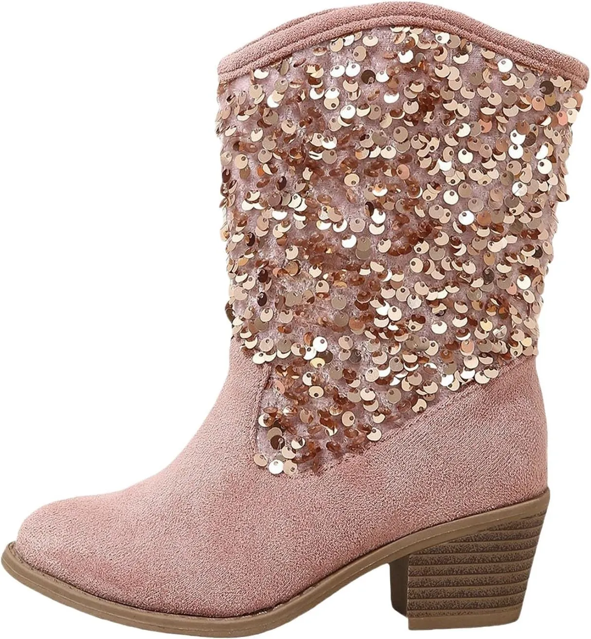 Girls Mid Calf Boots Kids Fashion Tassel Sequin Princess Boots High Heel Fall Boots Slip On Cowgirl Western Boots