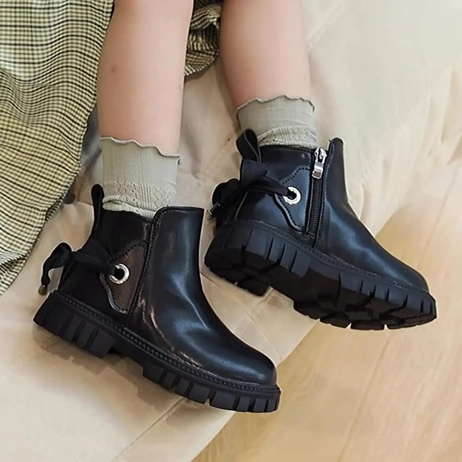 Girls Shoes Fashion Ankle Boots Kids Low Heel Dress Booties Fashion Side Zipper Short Plus Girls