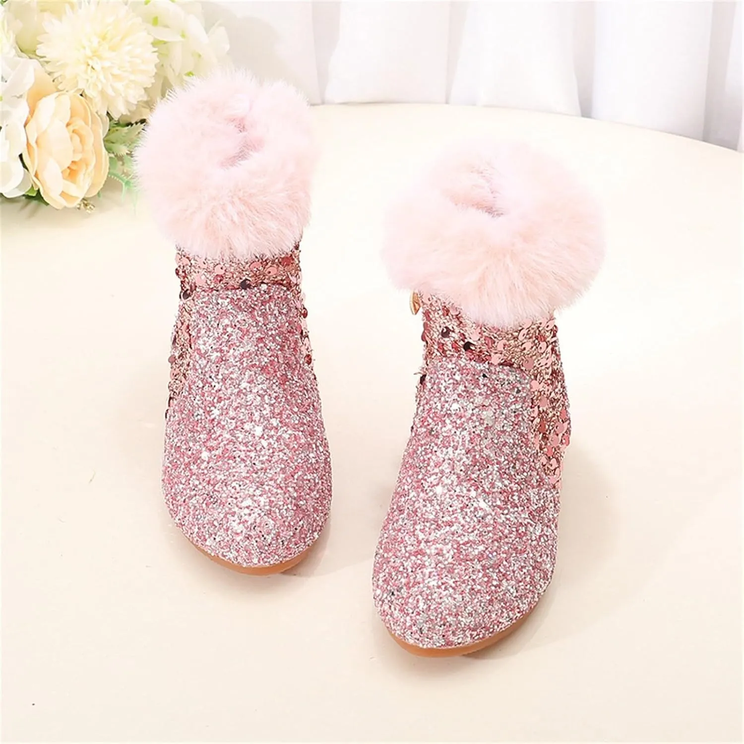 Girls Sparkly Low Heels Ankle Boots Girls Rhineston Cowboy Fleece Lined Side Zipper Boots Dress Anti Slip Booties