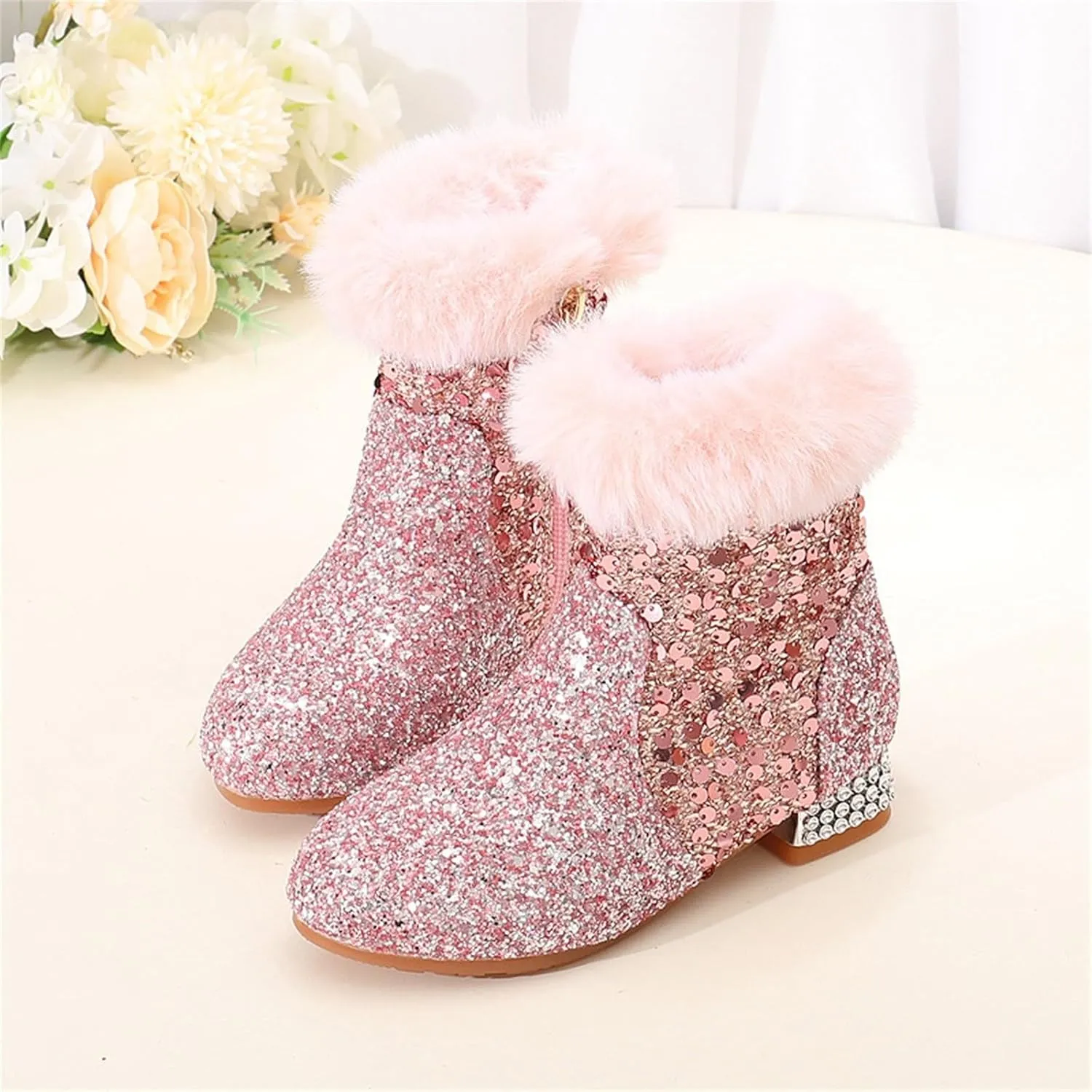 Girls Sparkly Low Heels Ankle Boots Girls Rhineston Cowboy Fleece Lined Side Zipper Boots Dress Anti Slip Booties