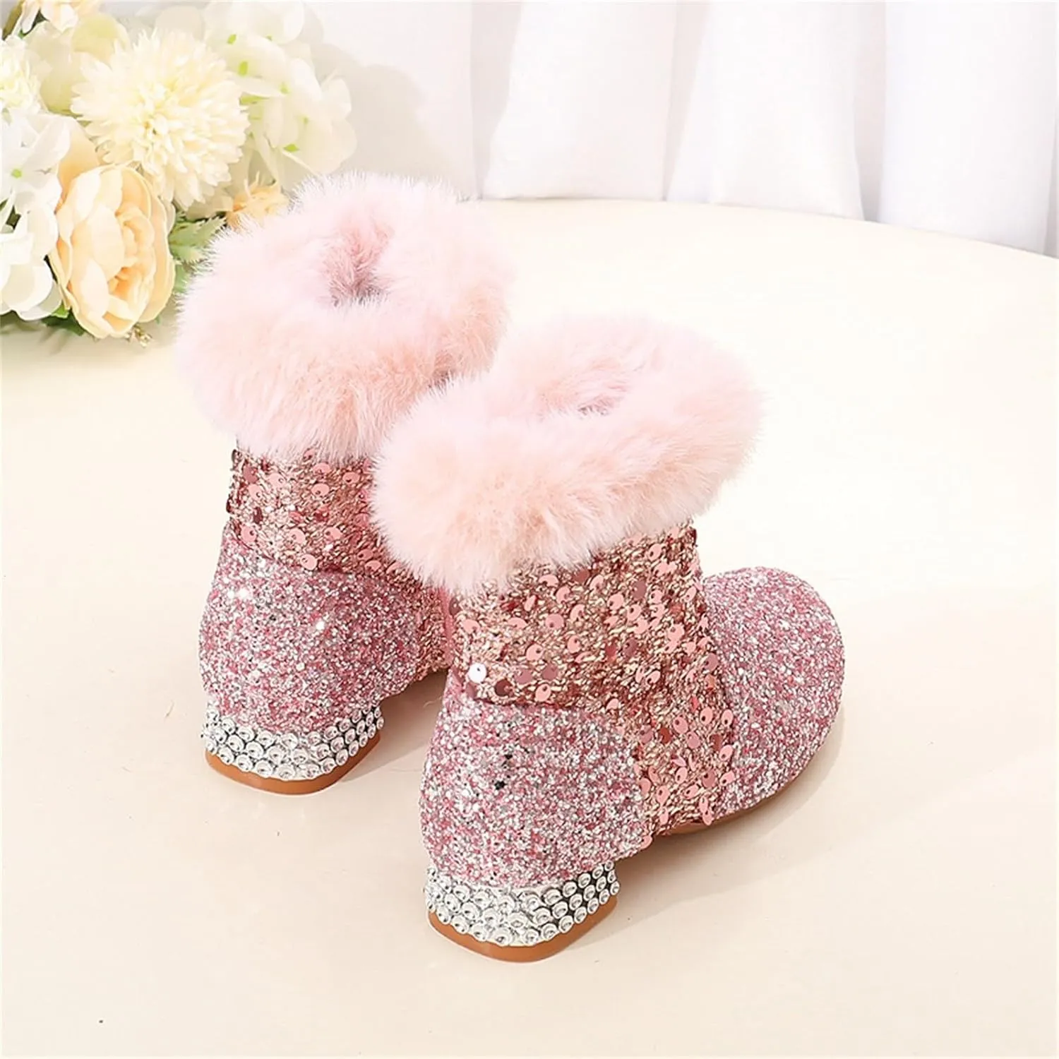 Girls Sparkly Low Heels Ankle Boots Girls Rhineston Cowboy Fleece Lined Side Zipper Boots Dress Anti Slip Booties