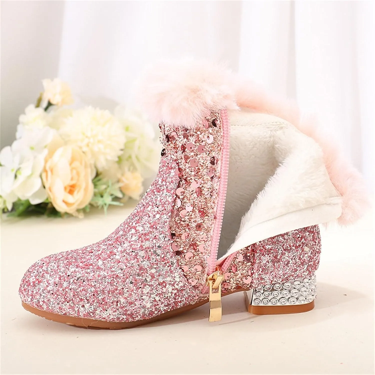 Girls Sparkly Low Heels Ankle Boots Girls Rhineston Cowboy Fleece Lined Side Zipper Boots Dress Anti Slip Booties