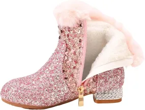 Girls Sparkly Low Heels Ankle Boots Girls Rhineston Cowboy Fleece Lined Side Zipper Boots Dress Anti Slip Booties