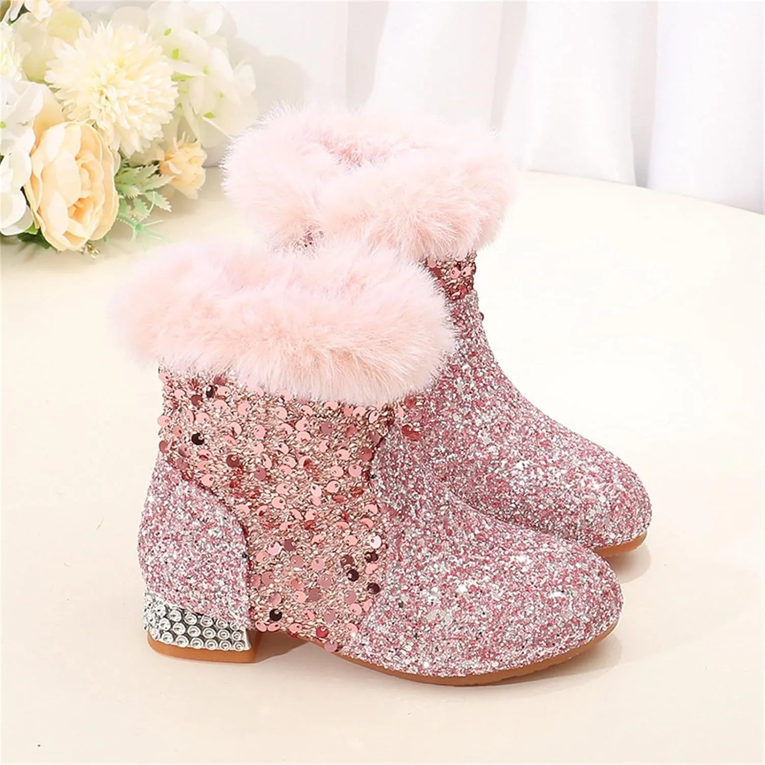 Girls Sparkly Low Heels Ankle Boots Girls Rhineston Cowboy Fleece Lined Side Zipper Boots Dress Anti Slip Booties