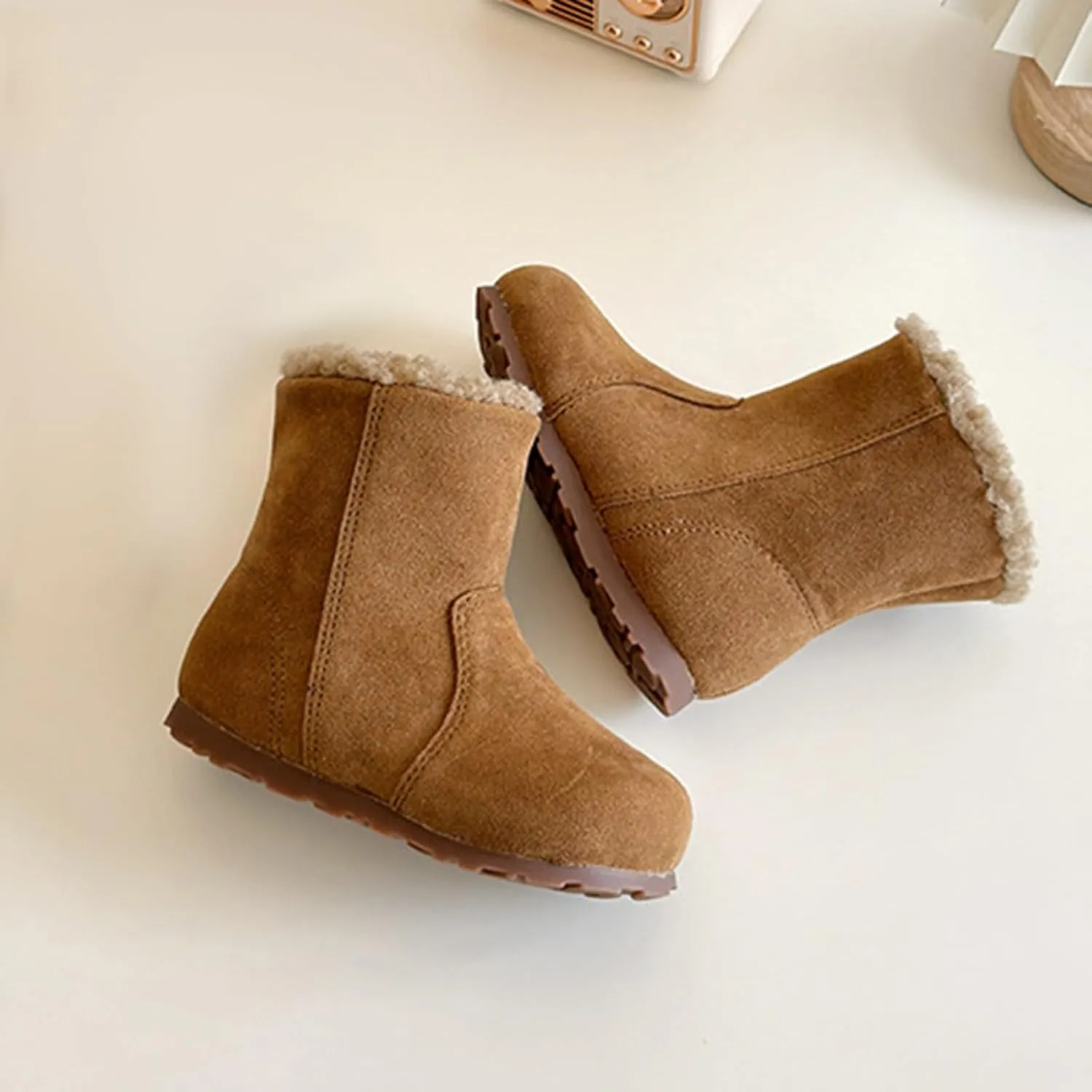 Girls Winter Mid Calf Snow Boots Faux Fr Lined Non-Slip Shoes For Toddler Faux Fr Boots Kids Ankle Boots For Girls
