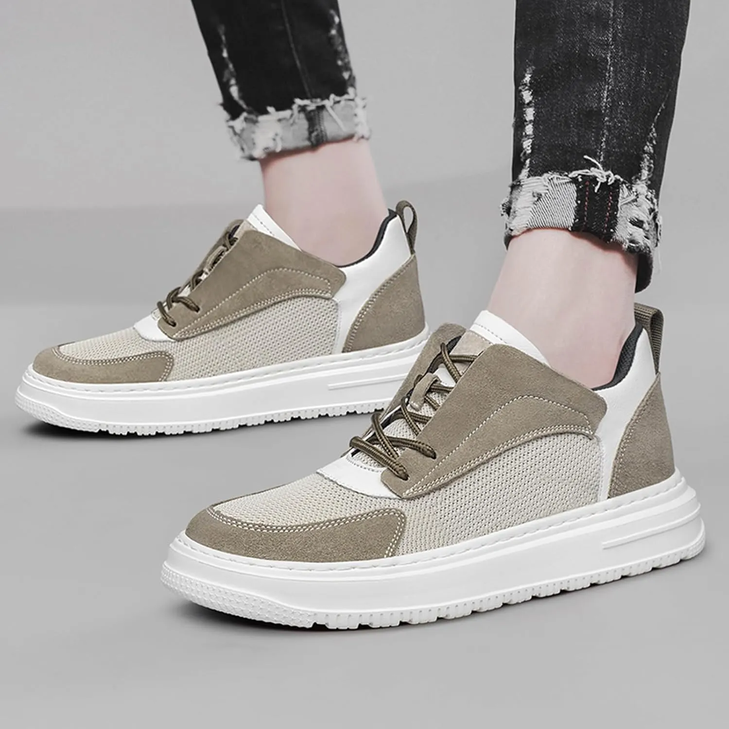 ihinzry Mens Elevator Sneakers Invisible Height Increasing 2.40 Inches Taller Suede Leather Elevator Shoes Lace up Casual Sports Shoes Men's Fashion Sneakers