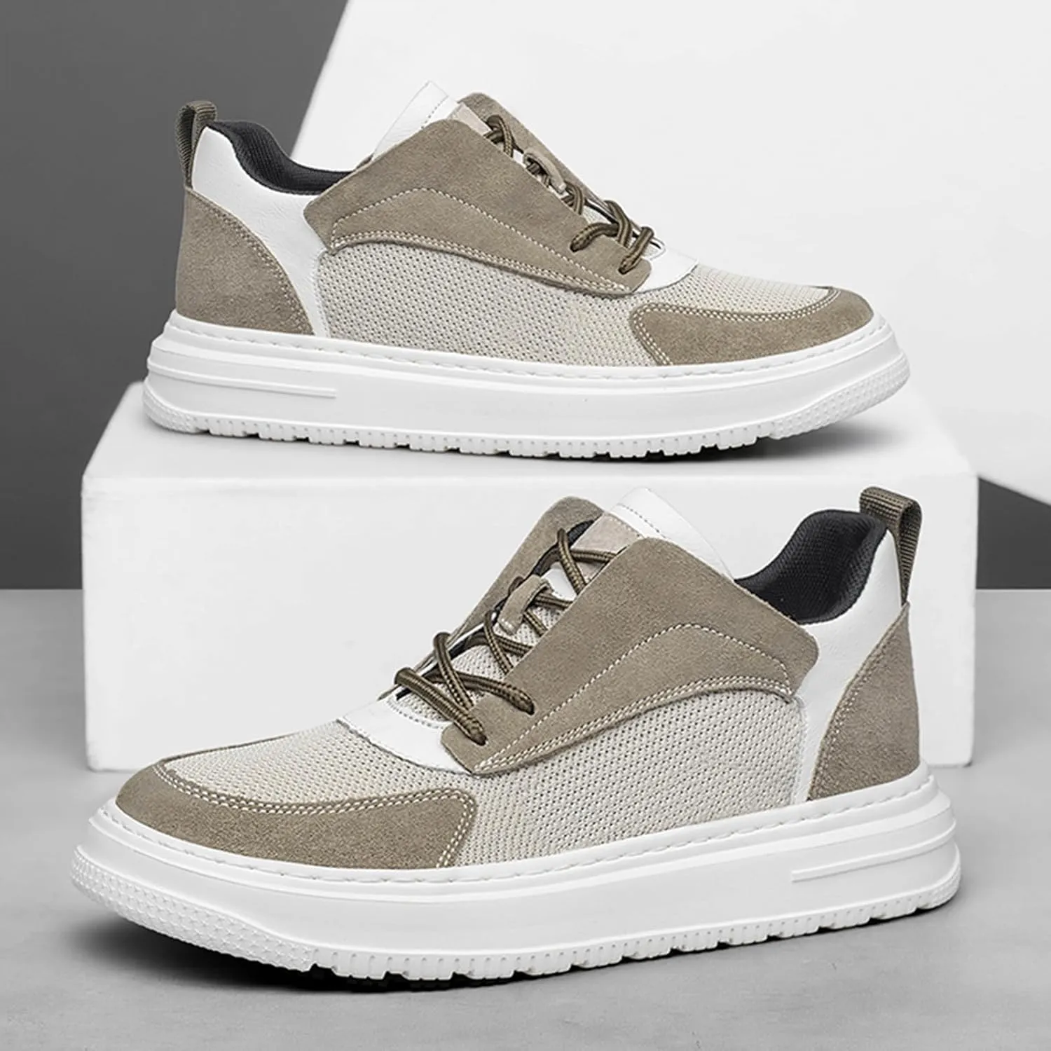 ihinzry Mens Elevator Sneakers Invisible Height Increasing 2.40 Inches Taller Suede Leather Elevator Shoes Lace up Casual Sports Shoes Men's Fashion Sneakers