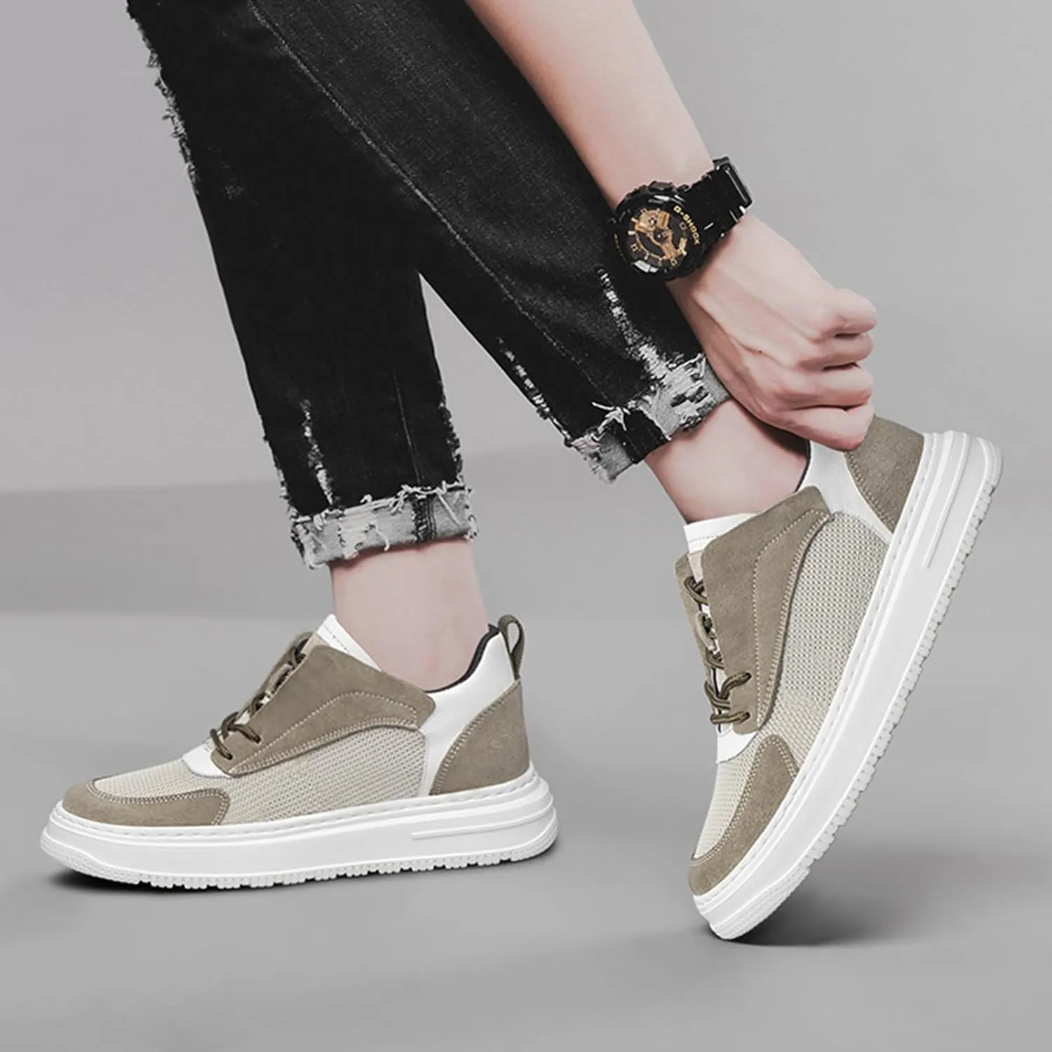 ihinzry Mens Elevator Sneakers Invisible Height Increasing 2.40 Inches Taller Suede Leather Elevator Shoes Lace up Casual Sports Shoes Men's Fashion Sneakers