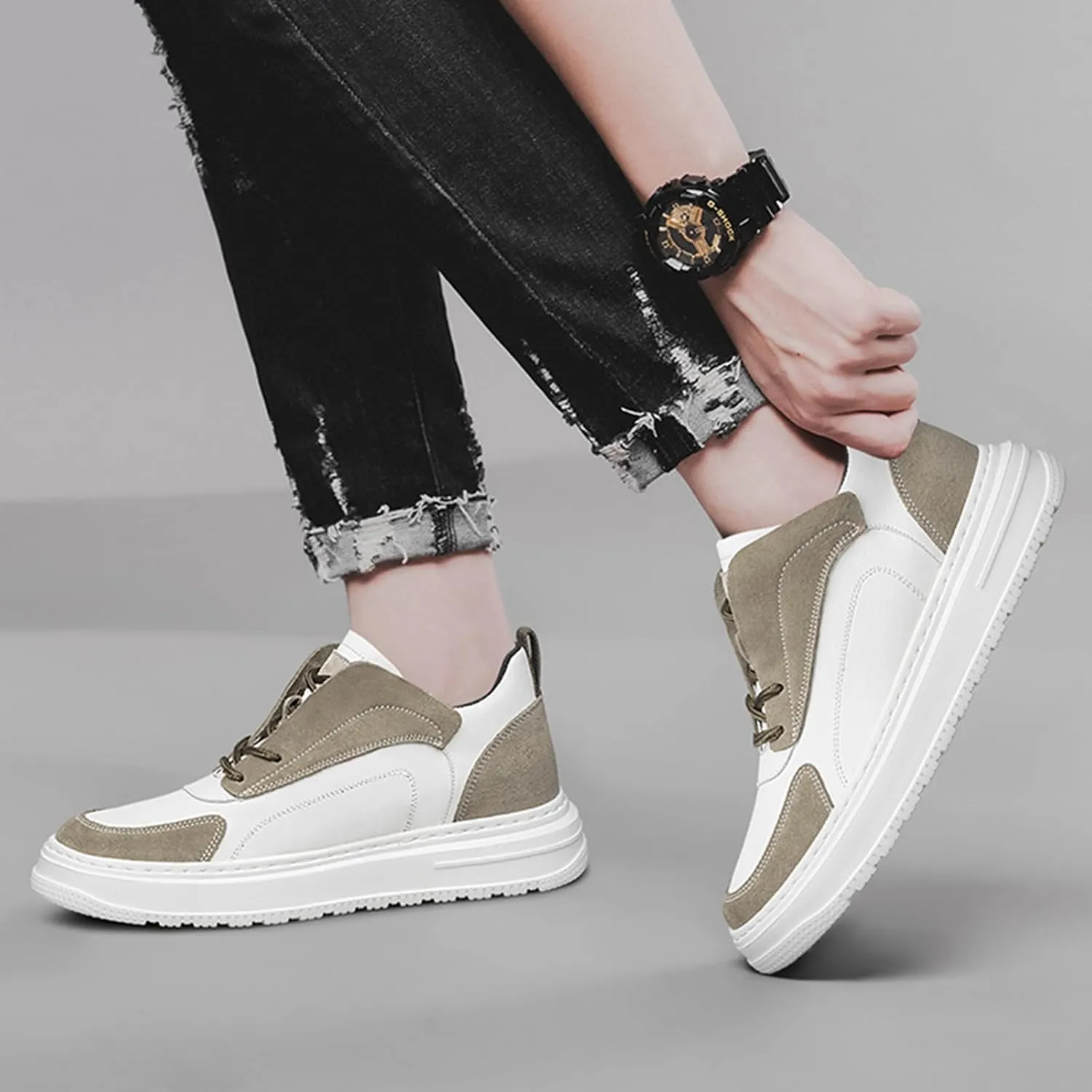 ihinzry Mens Elevator Sneakers Invisible Height Increasing 2.40 Inches Taller Suede Leather Elevator Shoes Lace up Casual Sports Shoes Men's Fashion Sneakers