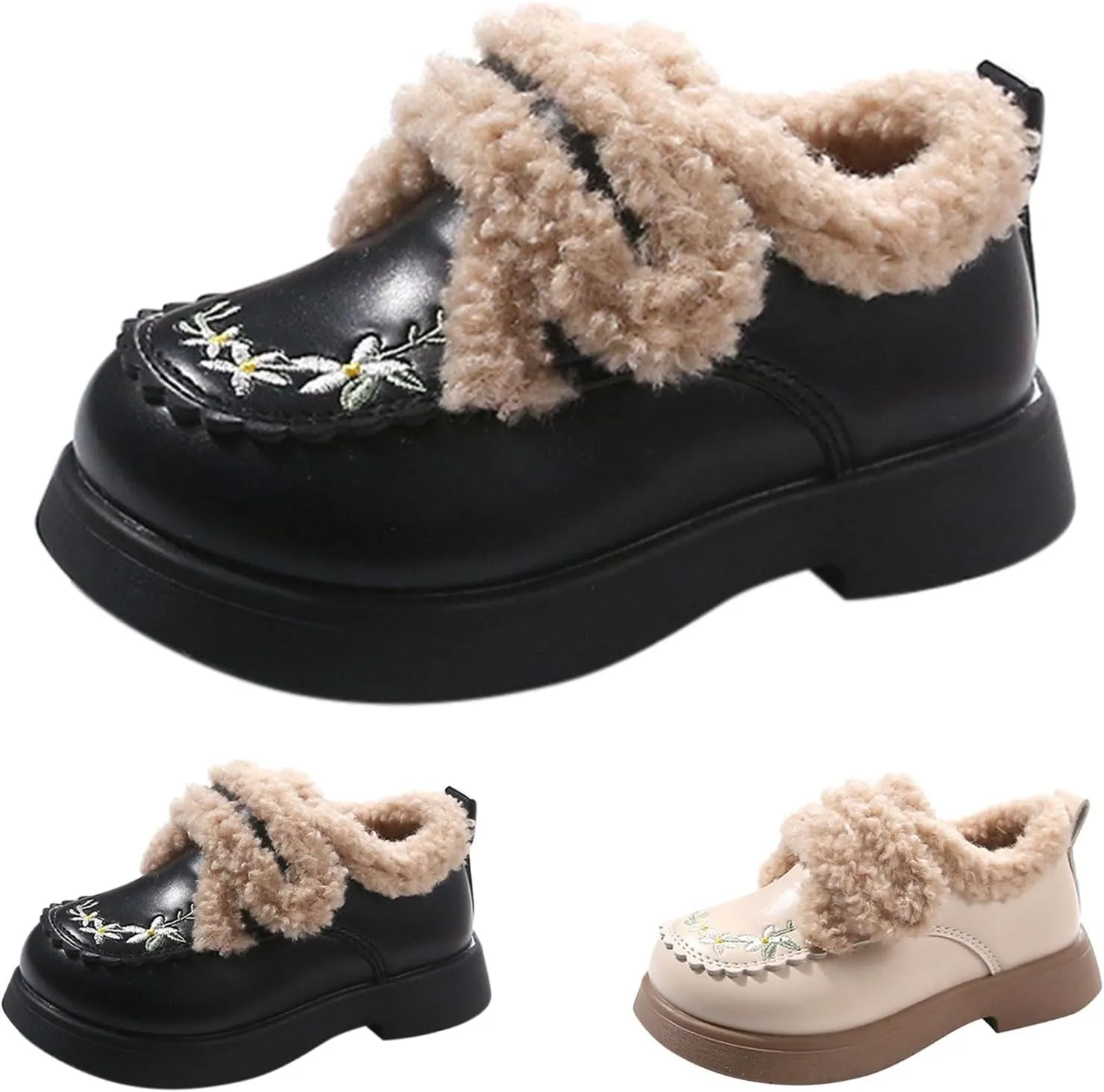 Kids Girls Flower Embroidery Fleece Plush Mary Jane Leather Shoes Chinese Ethnic Fashion Winter Toddler Girls Booties
