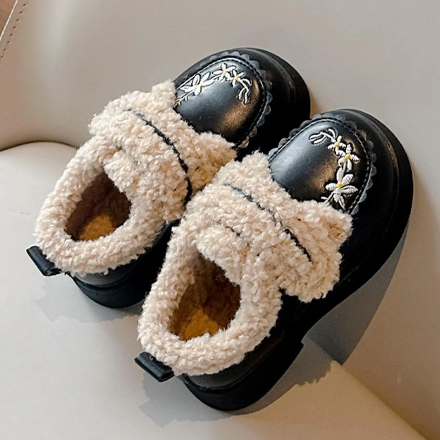 Kids Girls Flower Embroidery Fleece Plush Mary Jane Leather Shoes Chinese Ethnic Fashion Winter Toddler Girls Booties