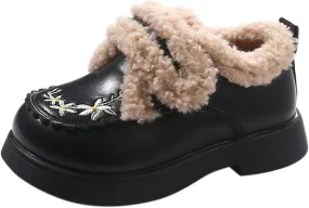 Kids Girls Flower Embroidery Fleece Plush Mary Jane Leather Shoes Chinese Ethnic Fashion Winter Toddler Girls Booties