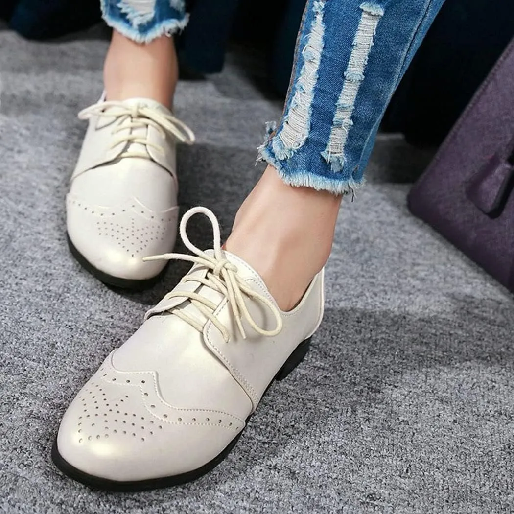 KIKIVIVI Womens Wingtip Oxford Brogue Low Heel Pumps Lace Up Round Toe Shoes
