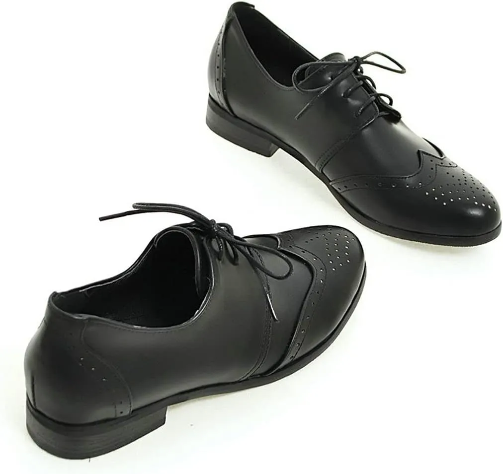 KIKIVIVI Womens Wingtip Oxford Brogue Low Heel Pumps Lace Up Round Toe Shoes