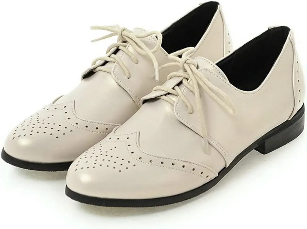 KIKIVIVI Womens Wingtip Oxford Brogue Low Heel Pumps Lace Up Round Toe Shoes