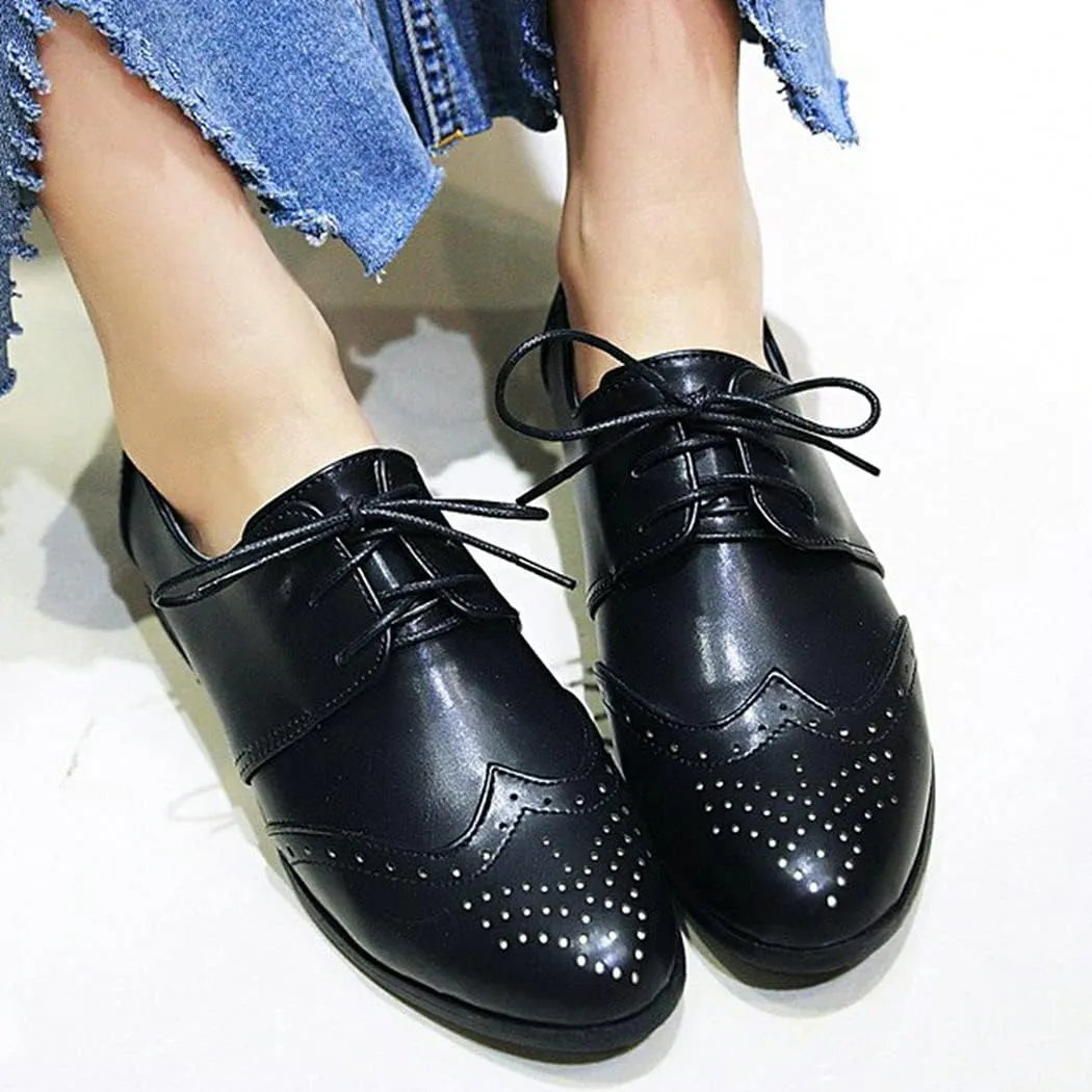 KIKIVIVI Womens Wingtip Oxford Brogue Low Heel Pumps Lace Up Round Toe Shoes
