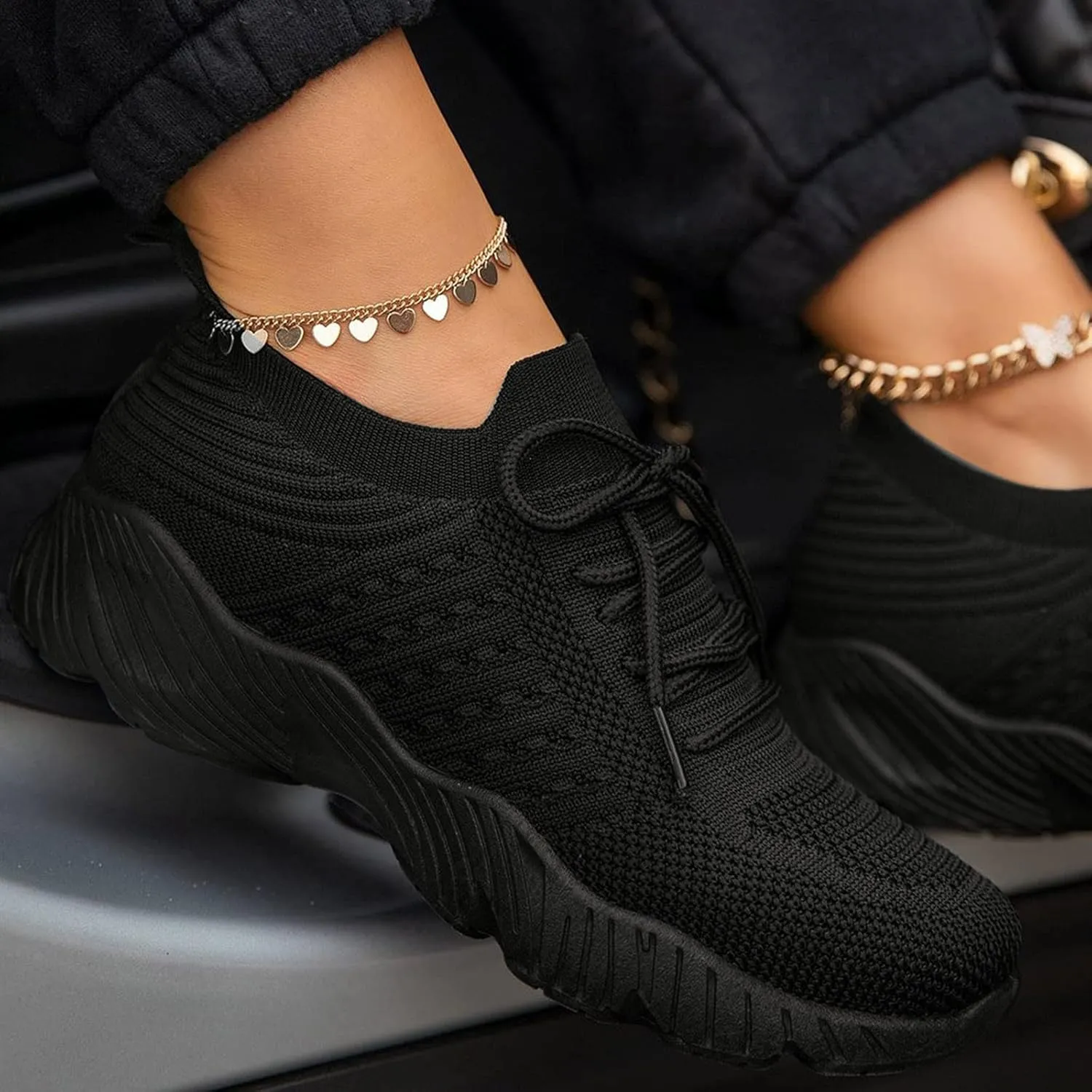 Lace-up Large Women's Size Flying Platform Fashion Solid Knitted Color Women's Sprint Star Fashion Sneakers