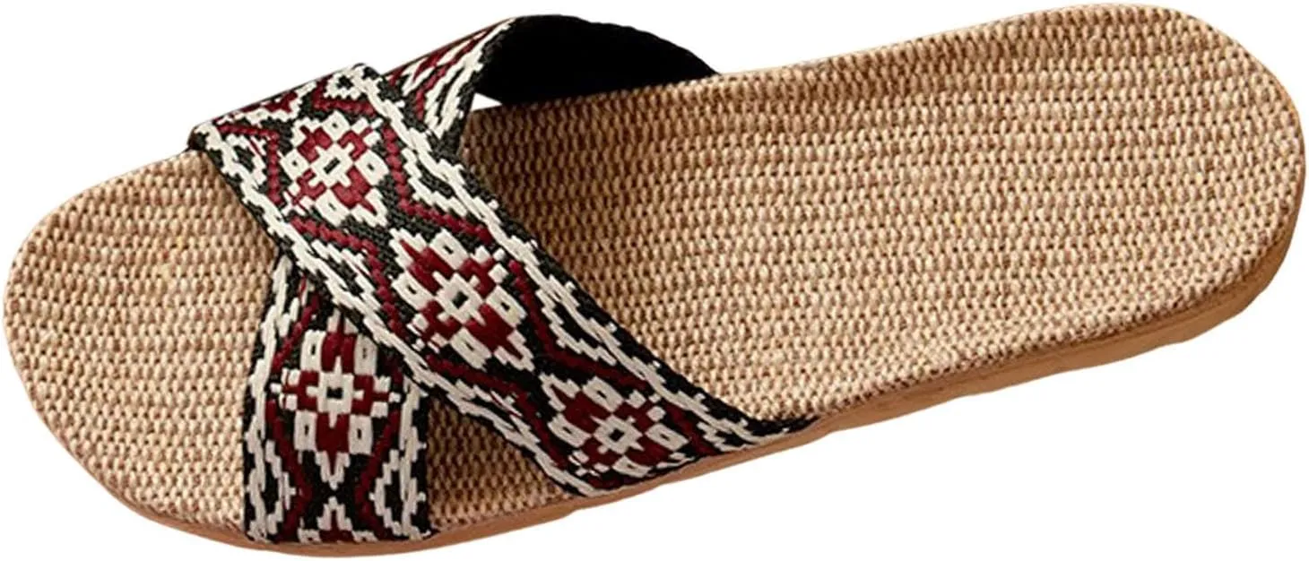 Linen Fabric Slippers Couple Retro Colour Blocking Printing Beach Outside Wear Home Cotton Linen Large Size Non Slip