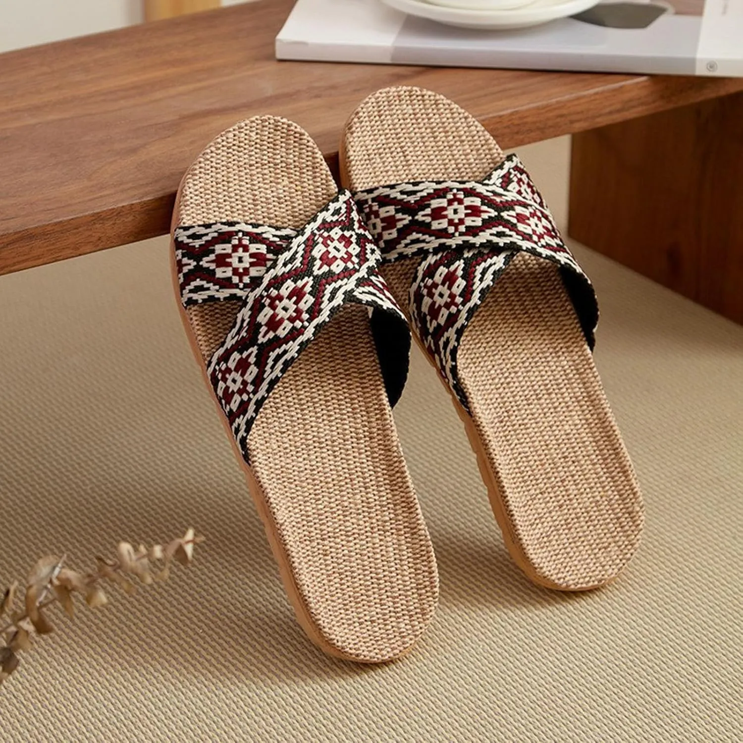 Linen Fabric Slippers Couple Retro Colour Blocking Printing Beach Outside Wear Home Cotton Linen Large Size Non Slip