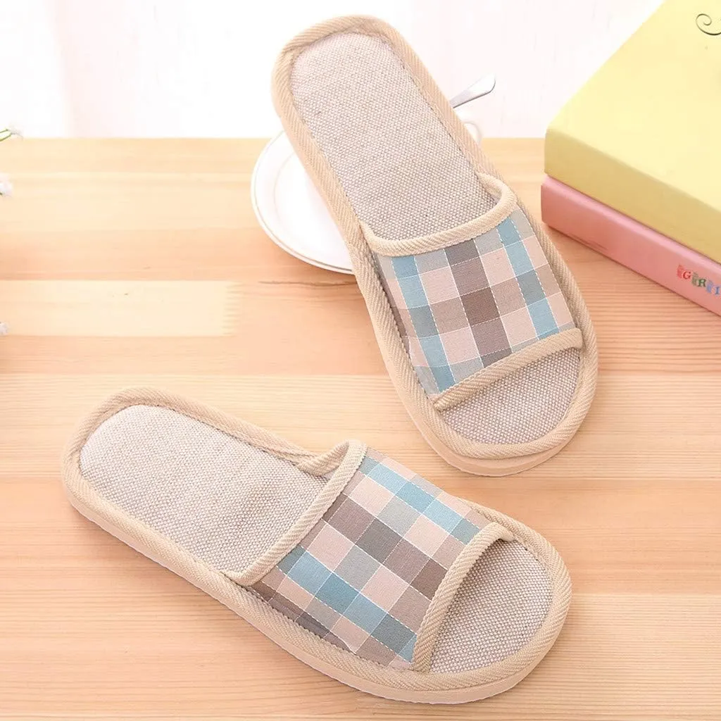 Linen Home Slippers Casual Sandals Women's Fashion Casual Couples Gingham Home Slippers Indoor Floor Flat Shoes
