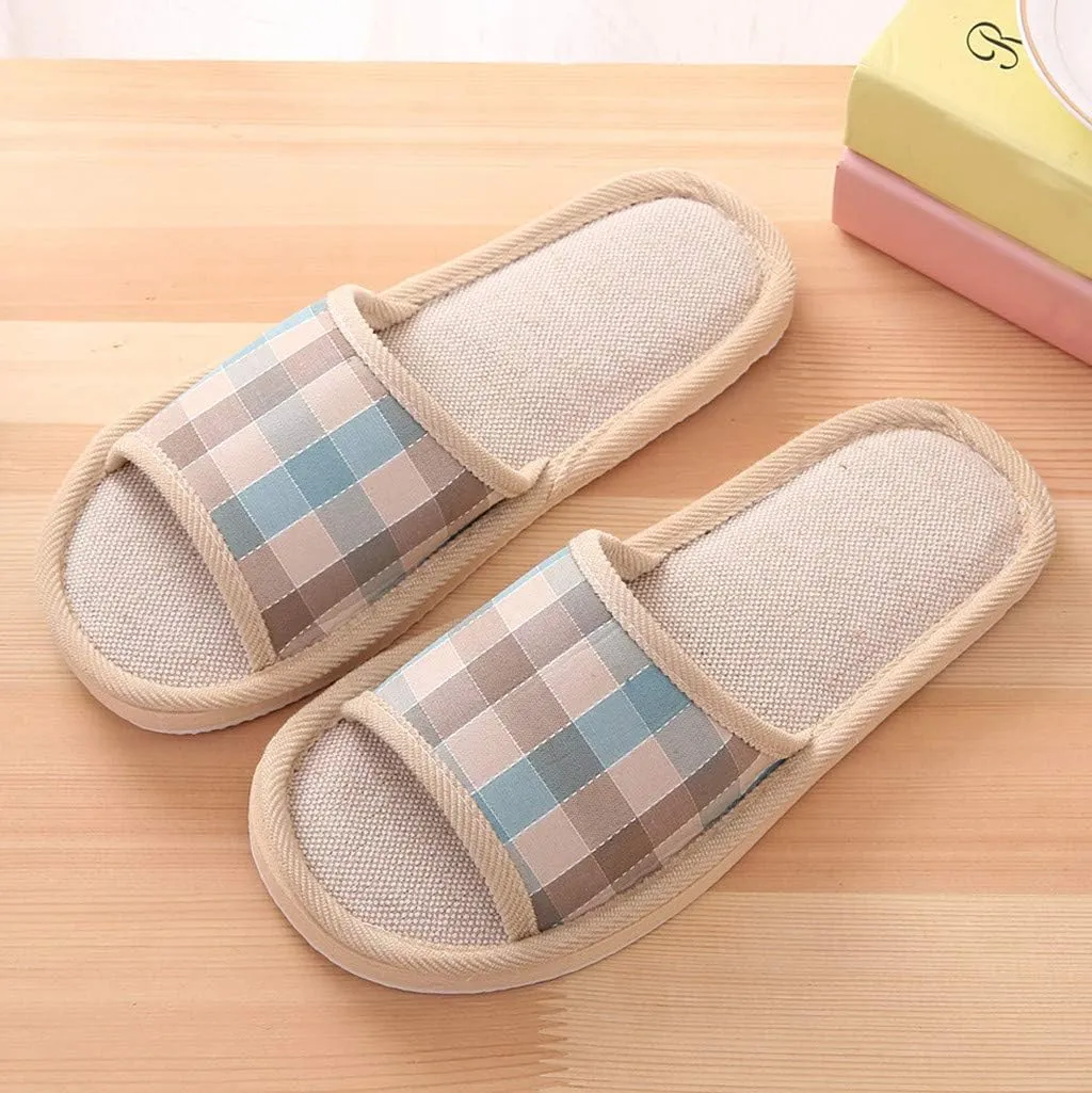 Linen Home Slippers Casual Sandals Women's Fashion Casual Couples Gingham Home Slippers Indoor Floor Flat Shoes