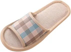 Linen Home Slippers Casual Sandals Women's Fashion Casual Couples Gingham Home Slippers Indoor Floor Flat Shoes