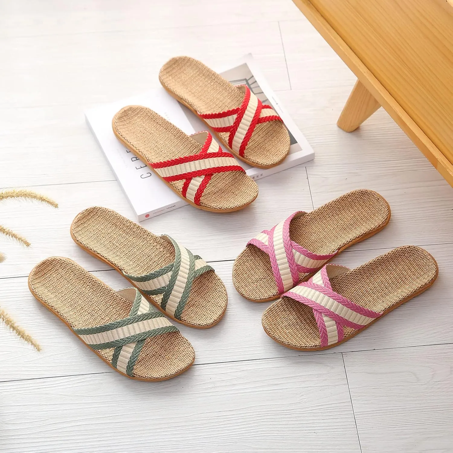 Linen Slippers Men And Women Home Solid Color Slippers Indoor Fashion Beach Soft Bottom Strap